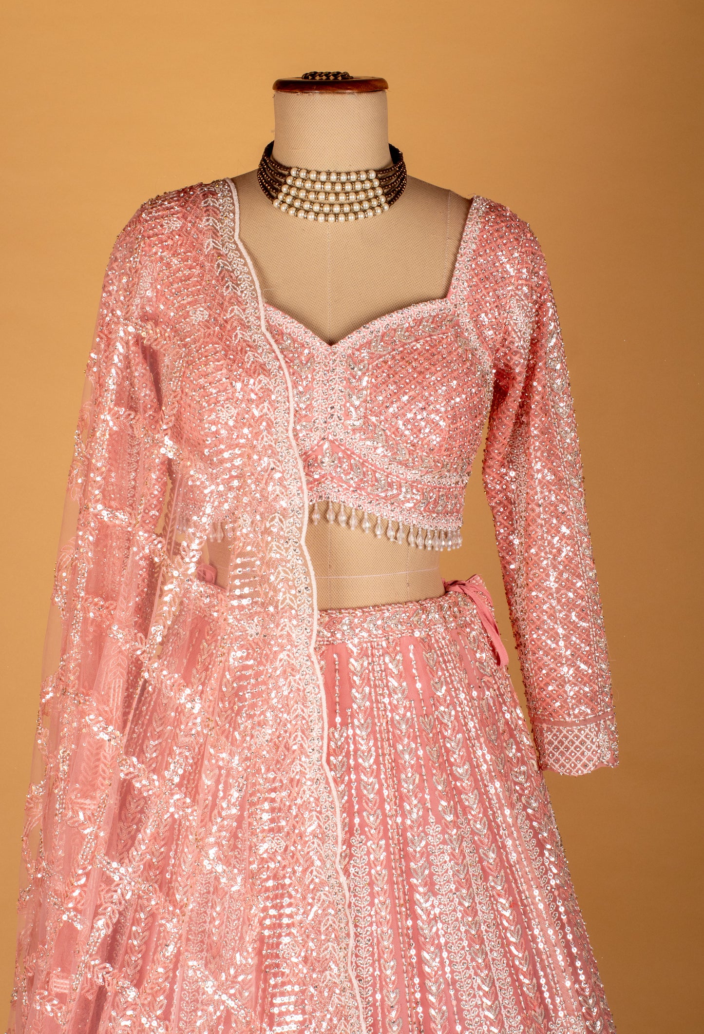 Pastel Pink All-Over Sequin Lehenga with Long Sleeve Crop Top & Scalloped Dupatta