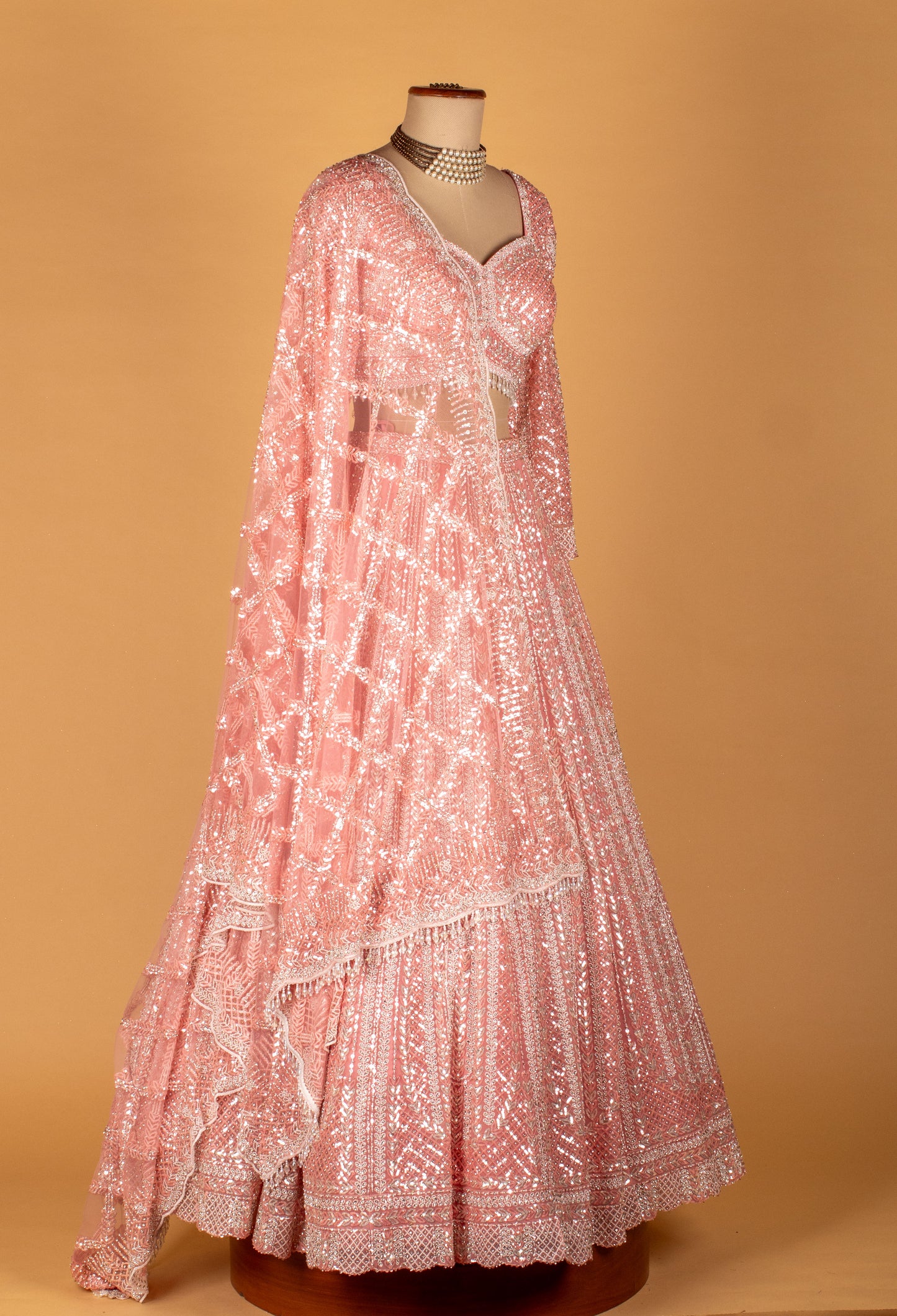 Pastel Pink All-Over Sequin Lehenga with Long Sleeve Crop Top & Scalloped Dupatta