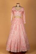 Pastel Pink All-Over Sequin Lehenga with Long Sleeve Crop Top & Scalloped Dupatta