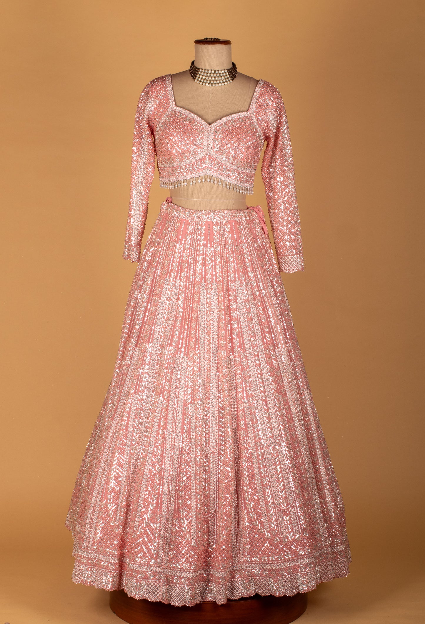 Pastel Pink All-Over Sequin Lehenga with Long Sleeve Crop Top & Scalloped Dupatta