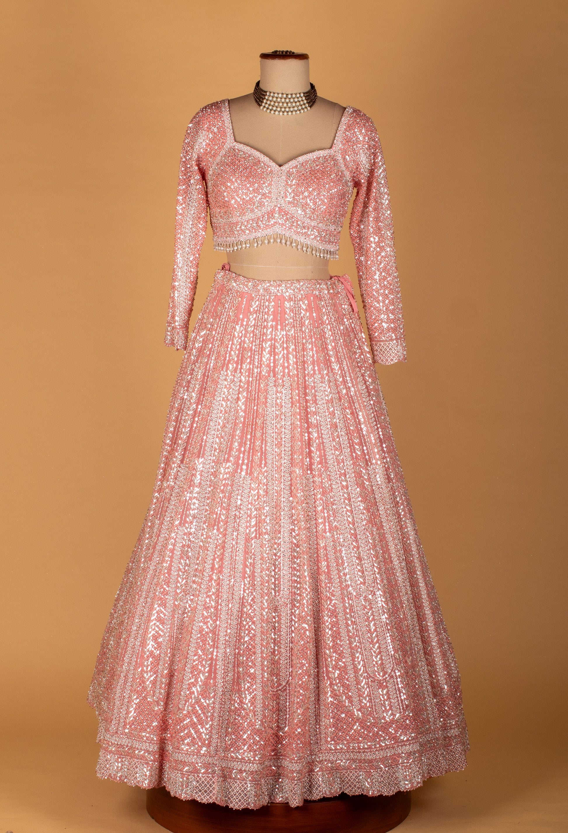 Pastel Pink | Pastel pink all-over sequin lehenga with scalloped dupatta – product image 5 | 5