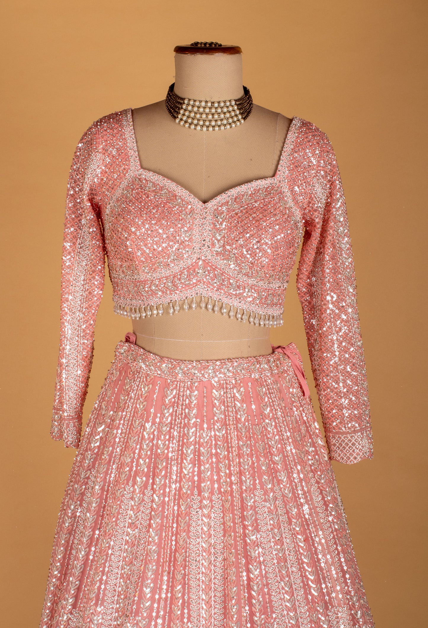 Pastel Pink All-Over Sequin Lehenga with Long Sleeve Crop Top & Scalloped Dupatta