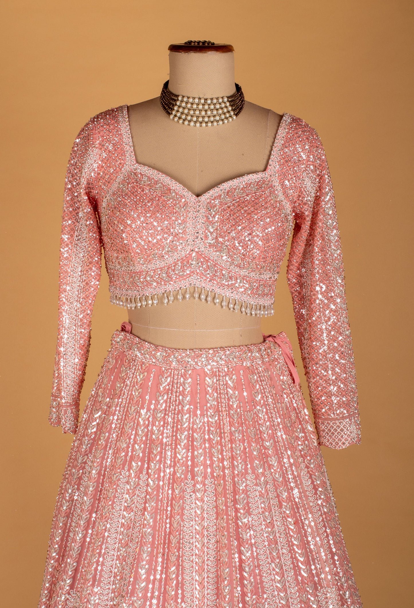 Pastel Pink | Pastel pink all-over sequin lehenga with scalloped dupatta – product image 6 | 6