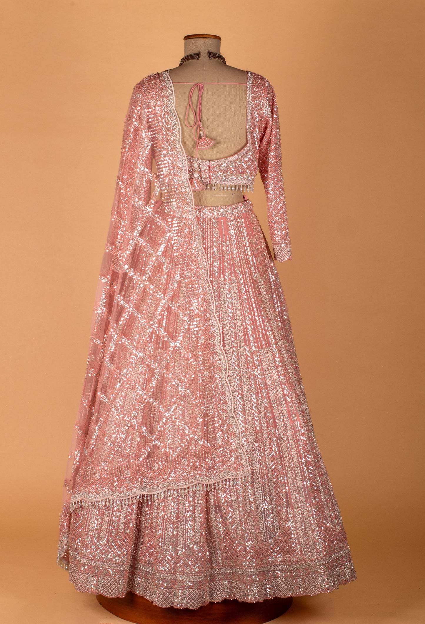 Pastel Pink All-Over Sequin Lehenga with Long Sleeve Crop Top & Scalloped Dupatta
