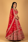Bridal Red Heavy Zari & Stone Embroidered Lehenga with Short Sleeve Crop Top & Grand Dupatta