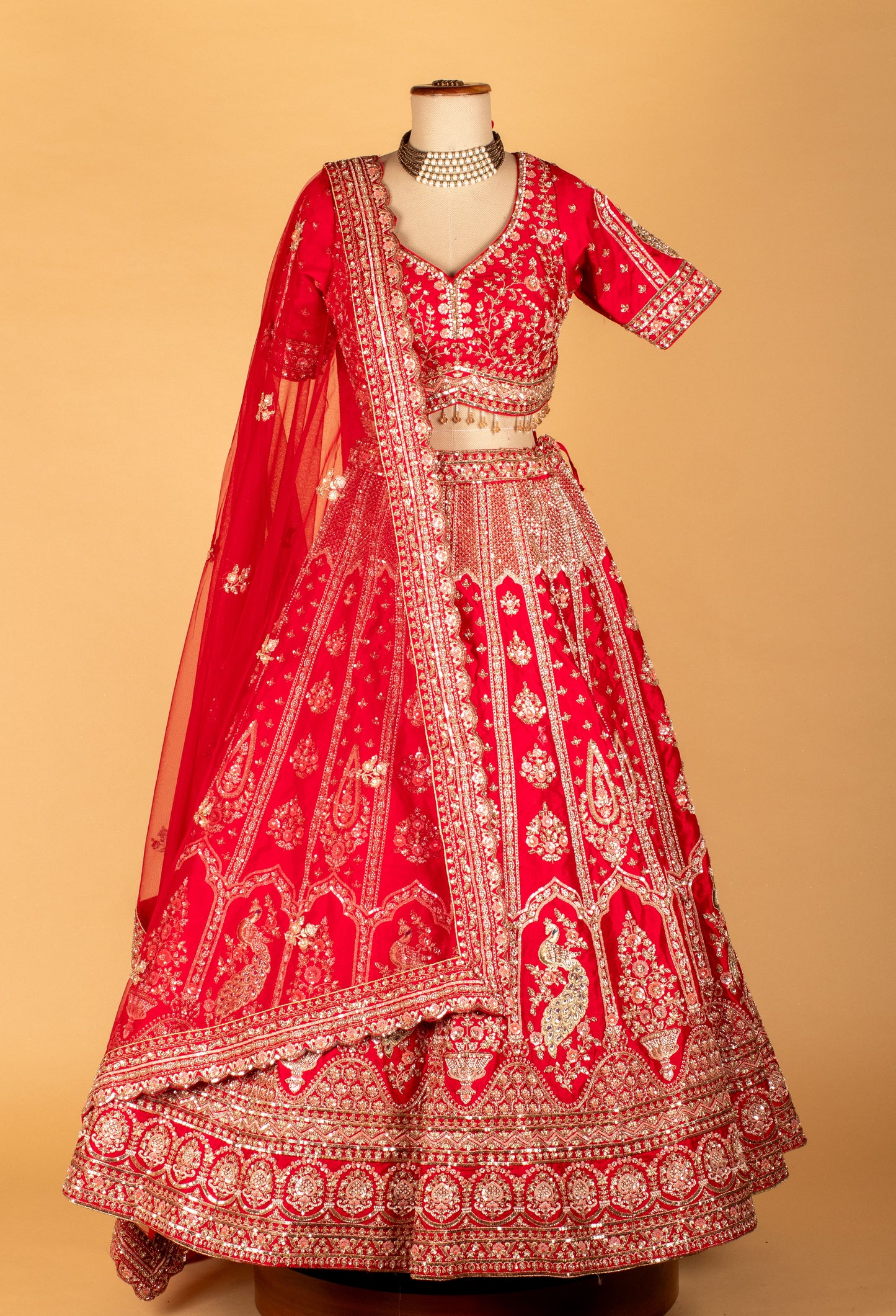 Bridal Red Heavy Zari & Stone Embroidered Lehenga with Short Sleeve Crop Top & Grand Dupatta