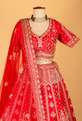 Bridal Red Heavy Zari & Stone Embroidered Lehenga with Short Sleeve Crop Top & Grand Dupatta