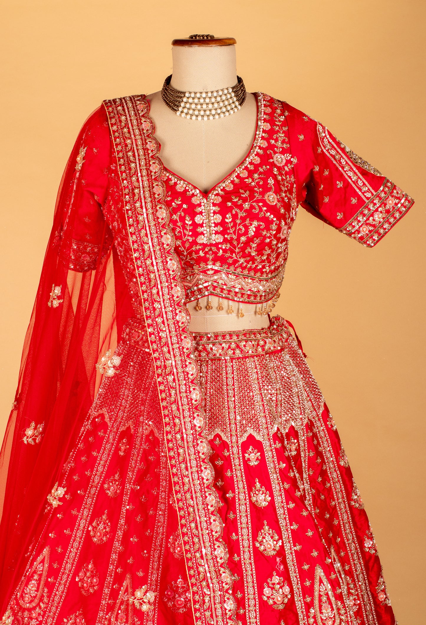 Bridal Red Heavy Zari & Stone Embroidered Lehenga with Short Sleeve Crop Top & Grand Dupatta