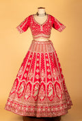 Bridal Red Heavy Zari & Stone Embroidered Lehenga with Short Sleeve Crop Top & Grand Dupatta