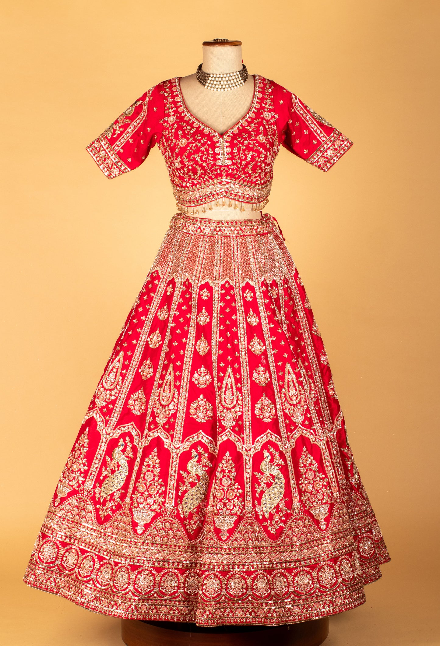 Bridal Red Heavy Zari & Stone Embroidered Lehenga with Short Sleeve Crop Top & Grand Dupatta