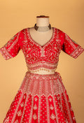 Bridal Red Heavy Zari & Stone Embroidered Lehenga with Short Sleeve Crop Top & Grand Dupatta