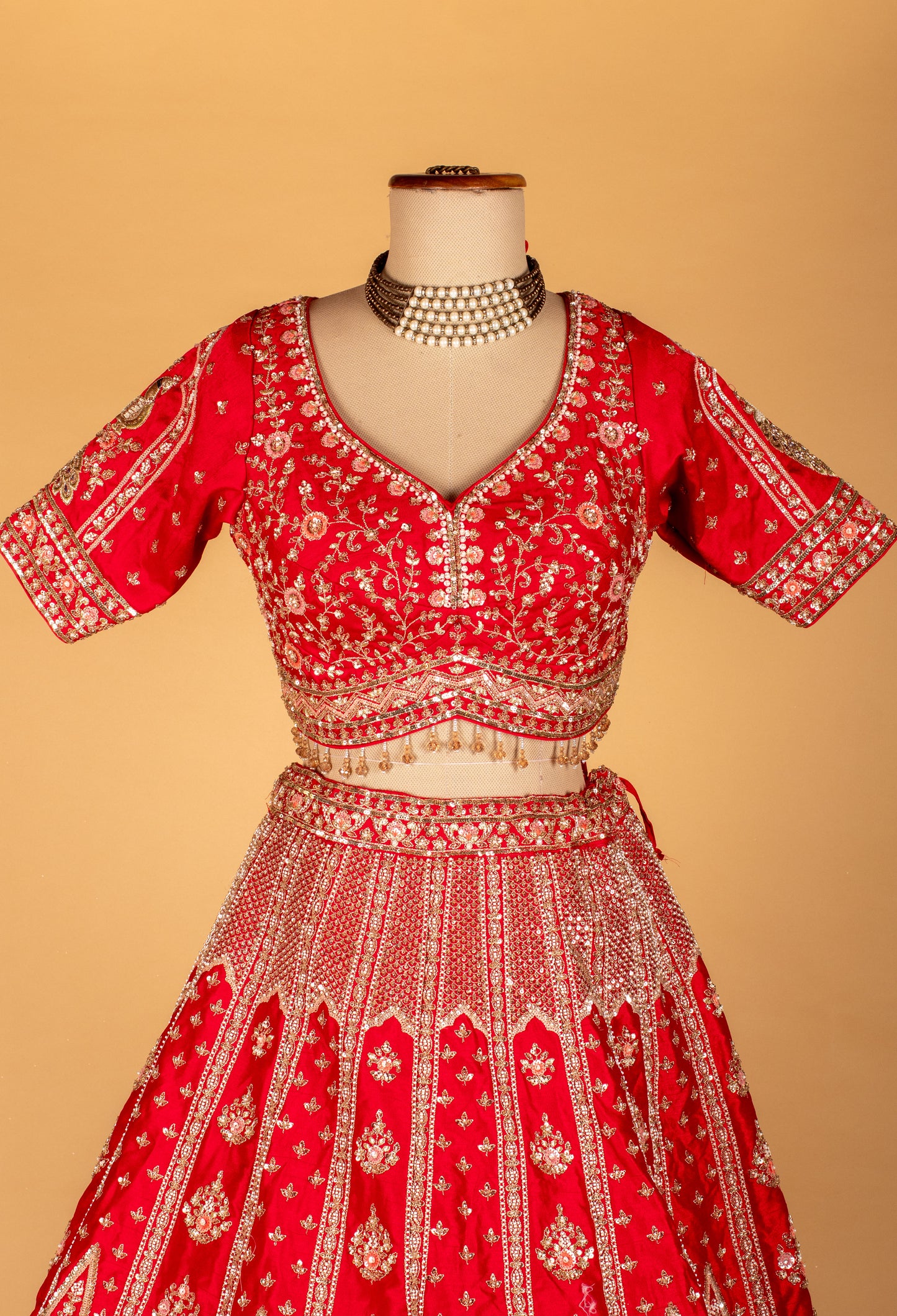 Bridal Red Heavy Zari & Stone Embroidered Lehenga with Short Sleeve Crop Top & Grand Dupatta