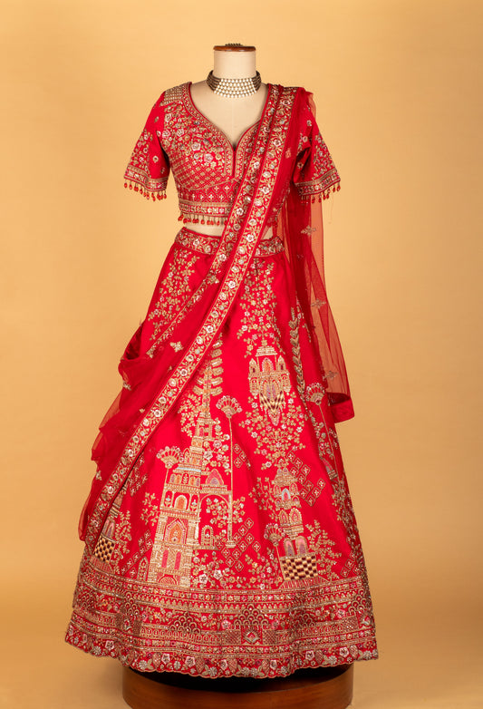 Heritage red bridal lehenga with temple and architectural zari work – product image 2