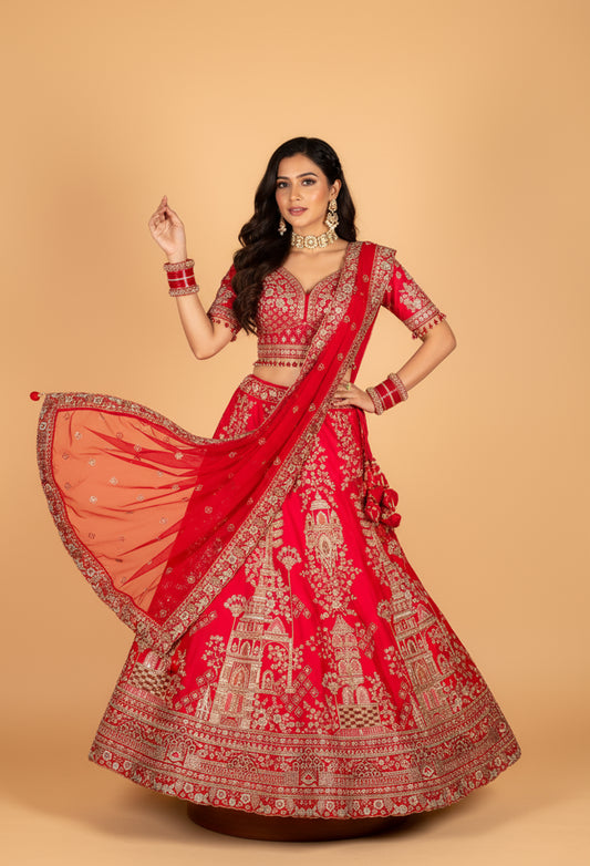 Heritage Red Bridal Lehenga with Temple & Architectural Zari Work