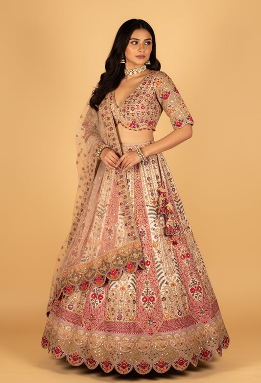 Ivory Multicolor Hand-Embroidered Croptop Lehenga with Scallop Border