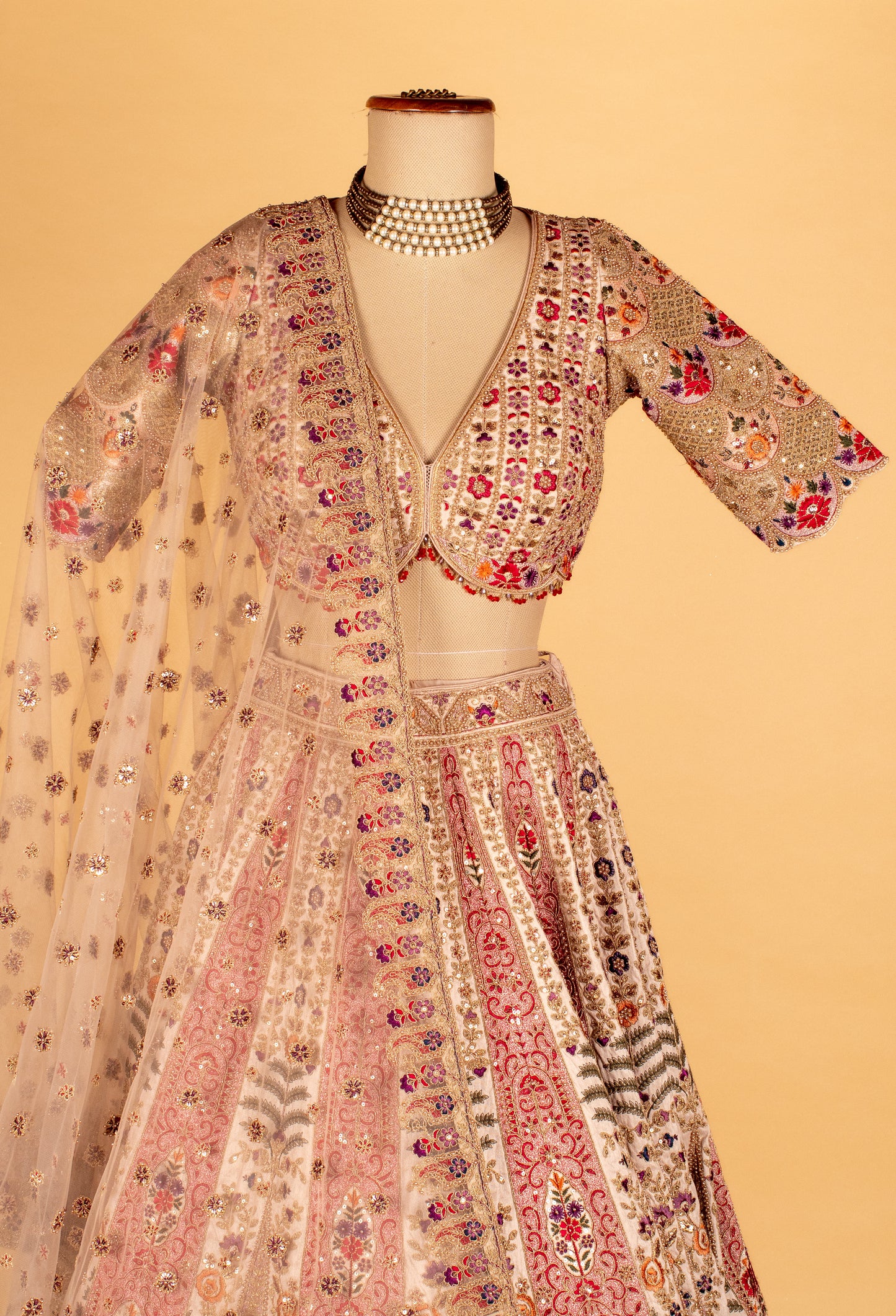 Ivory Multicolor Hand-Embroidered Croptop Lehenga with Scallop Border