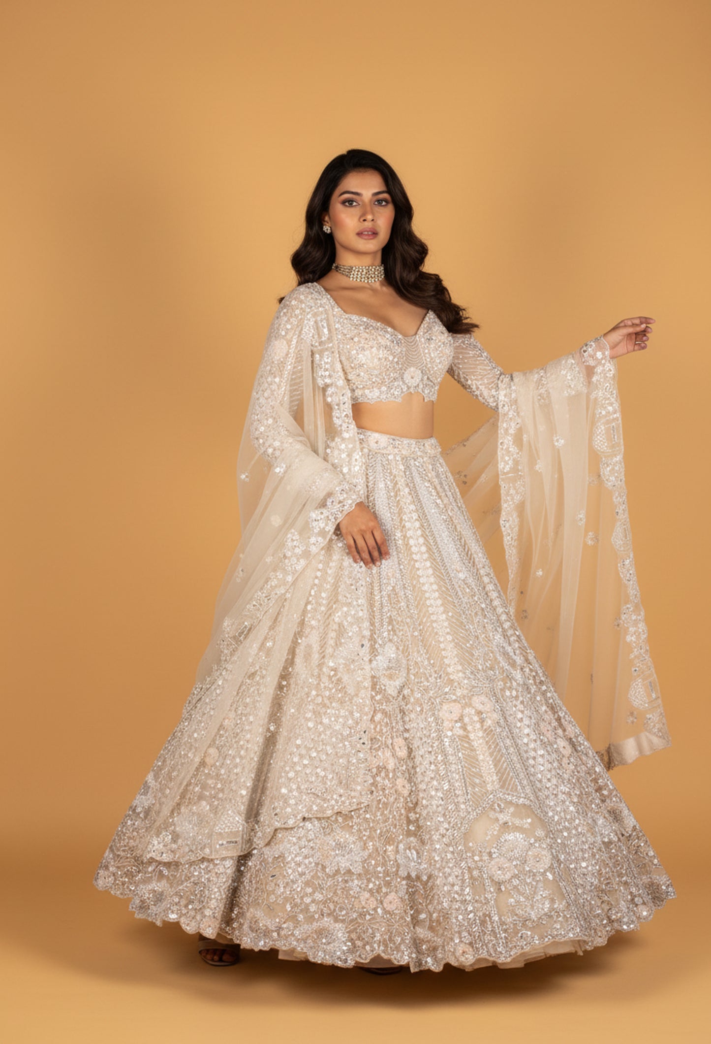 Ivory Crystal-Embellished Bridal Croptop Lehenga with 3D Floral Work