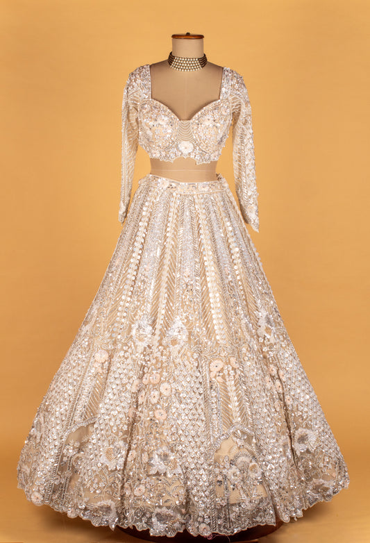Ivory crystal bridal lehenga with 3D floral embroidery – product image 2