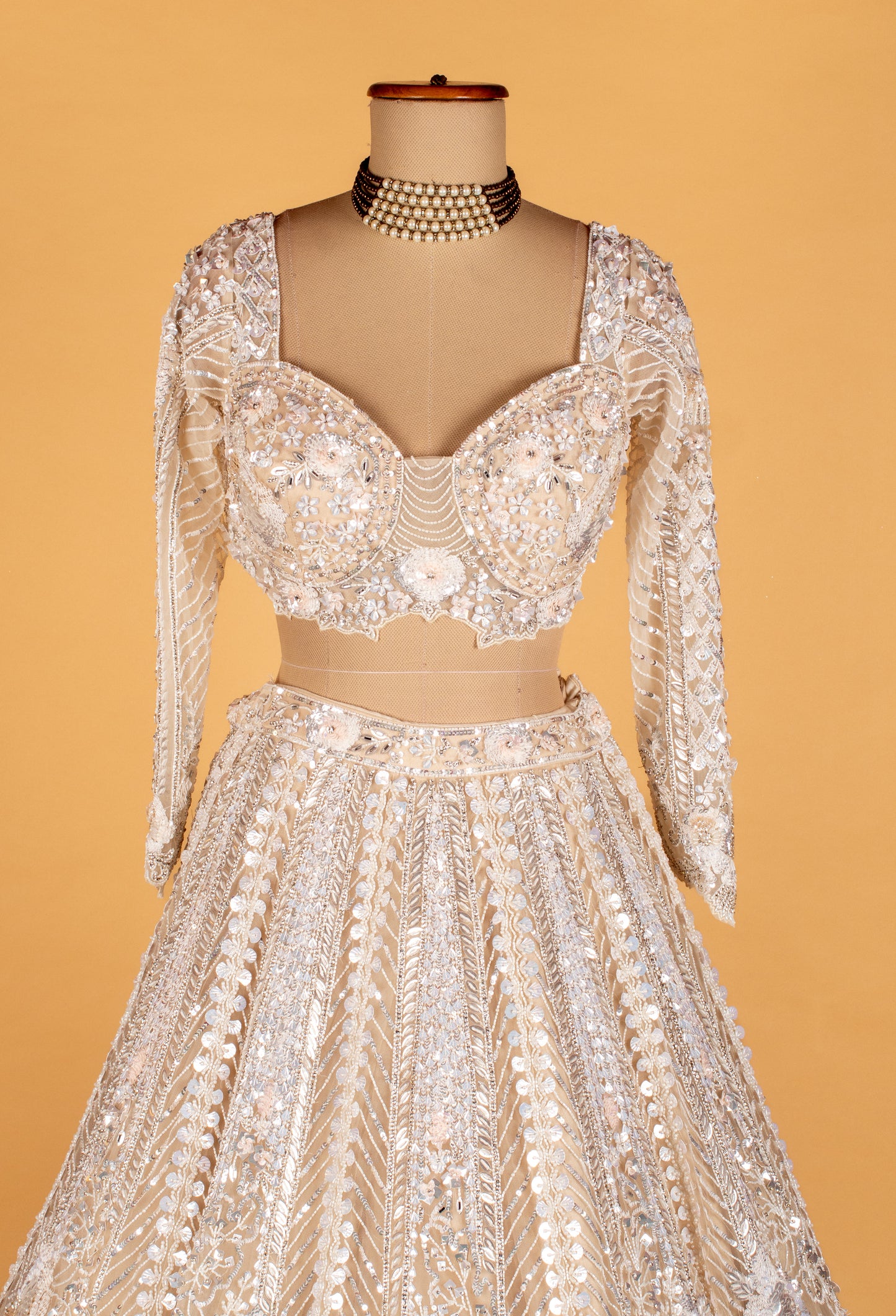 Ivory Crystal-Embellished Bridal Croptop Lehenga with 3D Floral Work