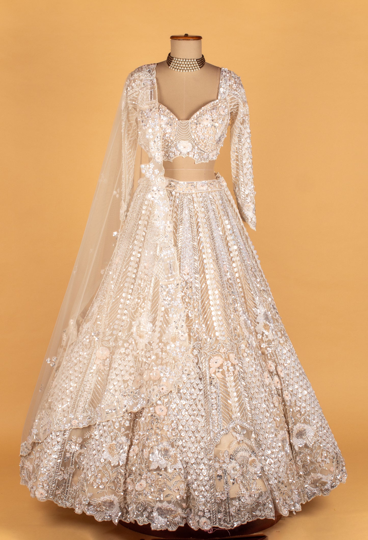 Ivory Crystal-Embellished Bridal Croptop Lehenga with 3D Floral Work