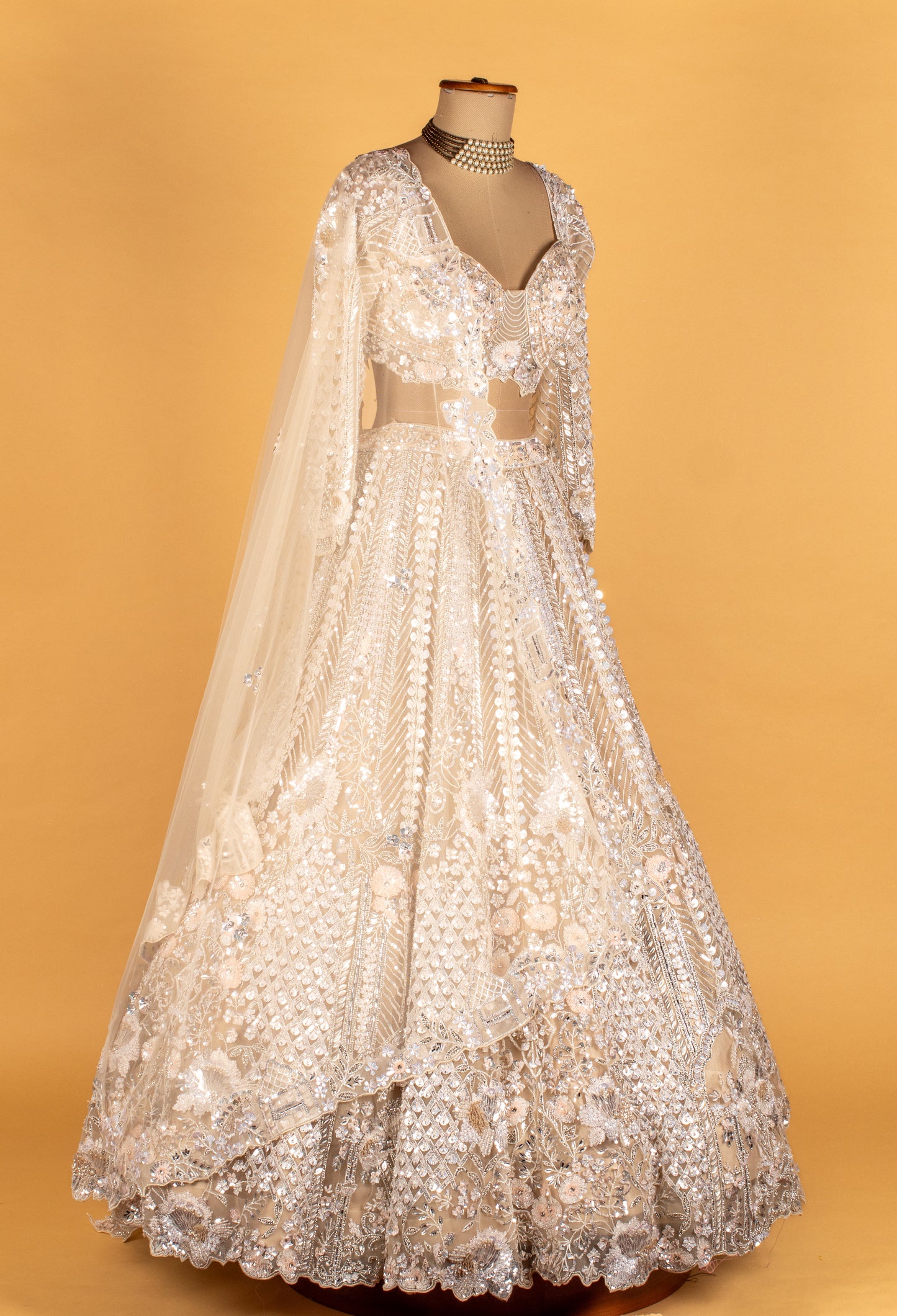 Ivory Crystal-Embellished Bridal Croptop Lehenga with 3D Floral Work