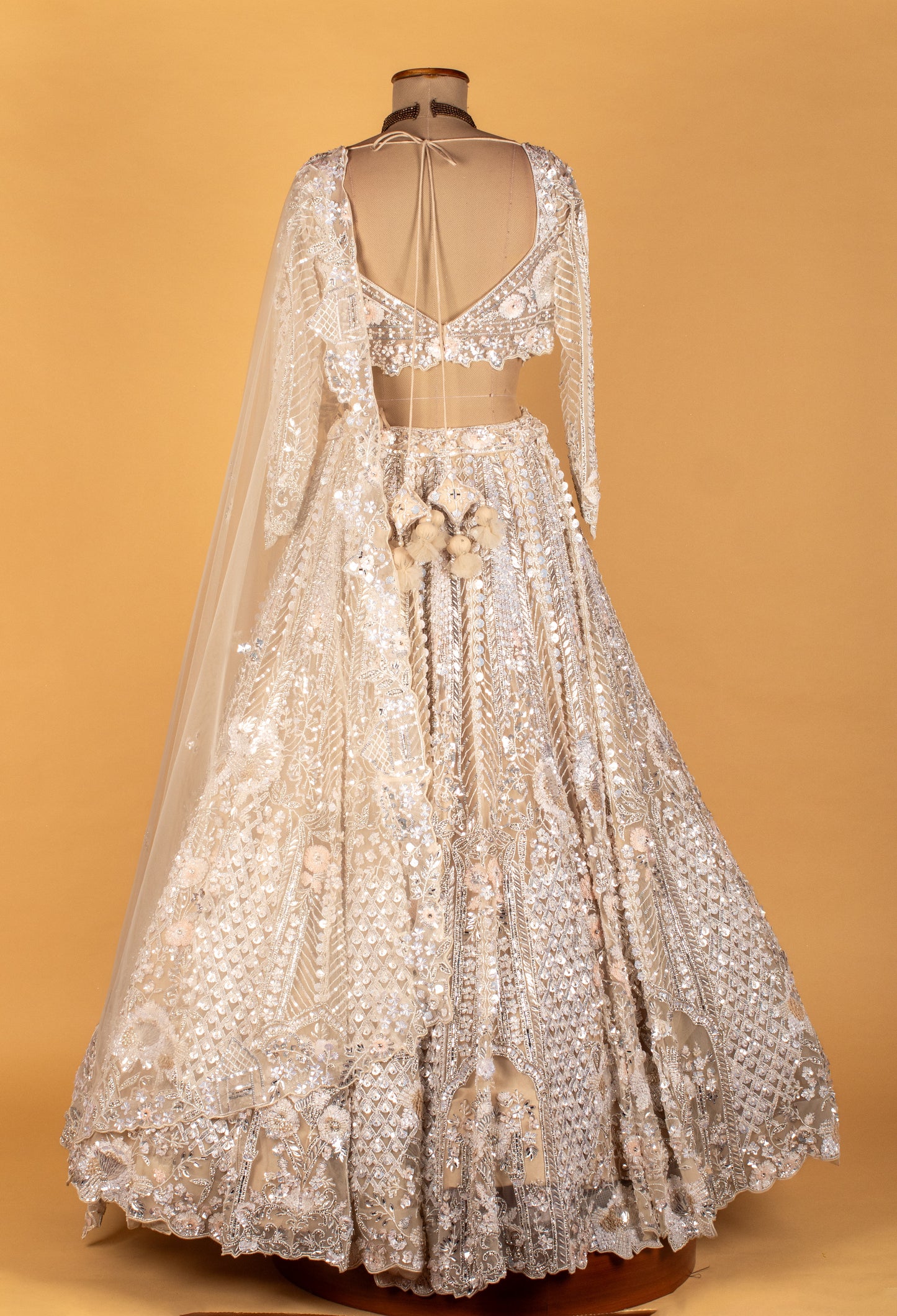 Ivory Crystal-Embellished Bridal Croptop Lehenga with 3D Floral Work