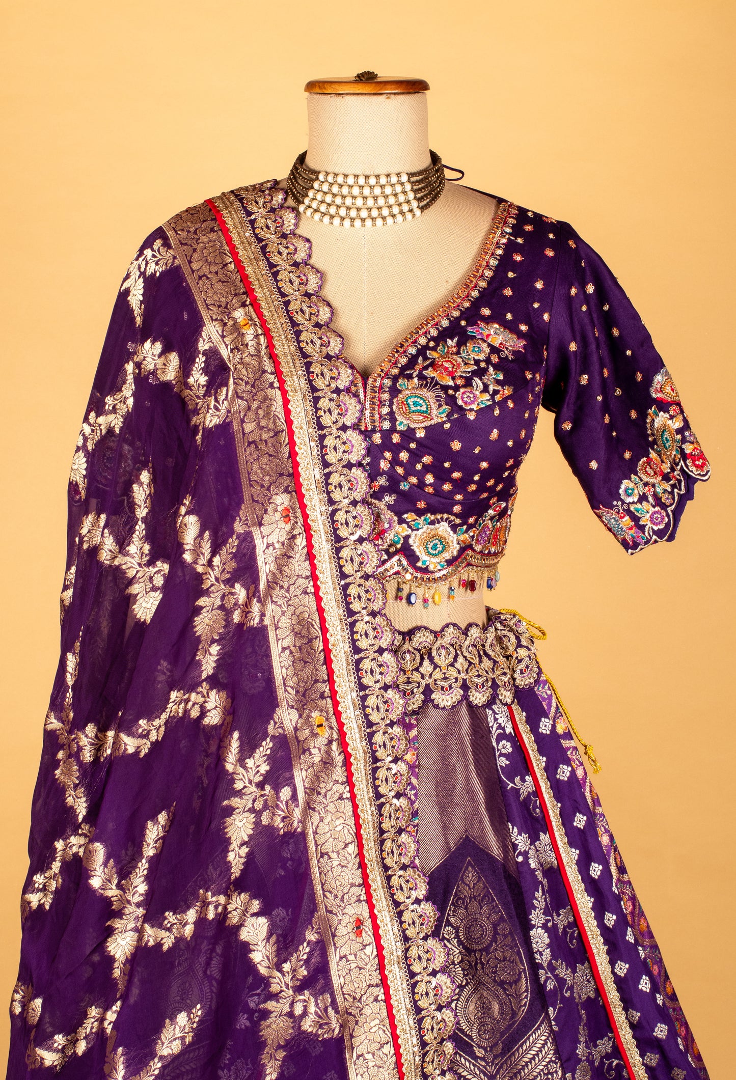 Royal Purple Banarasi Zari Croptop Lehenga with Multicolor Hand Embroidery