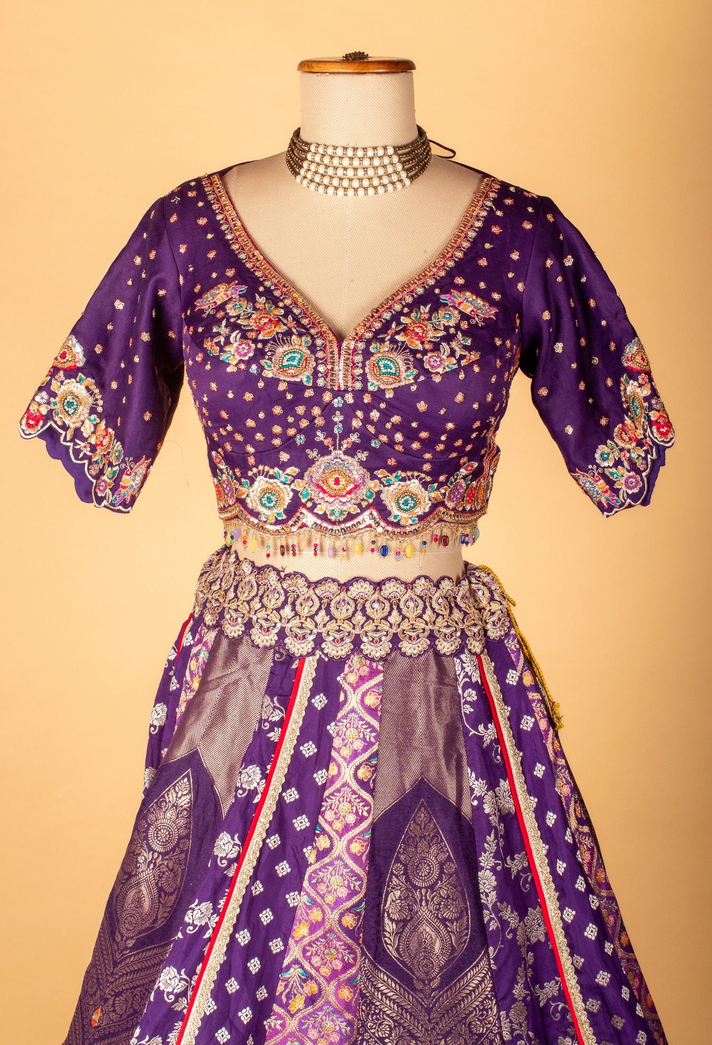 Royal Purple Banarasi Zari Croptop Lehenga with Multicolor Hand Embroidery