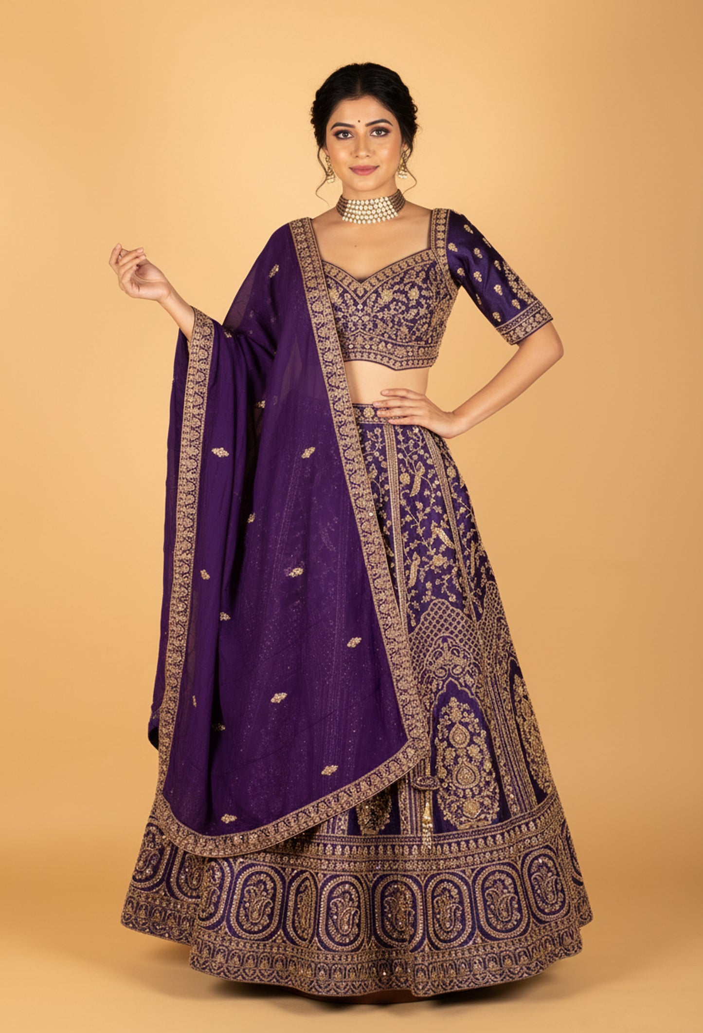 Royal Purple Zari & Thread Embroidered Lehenga with Short-Sleeve Crop Top & Elegant Dupatta