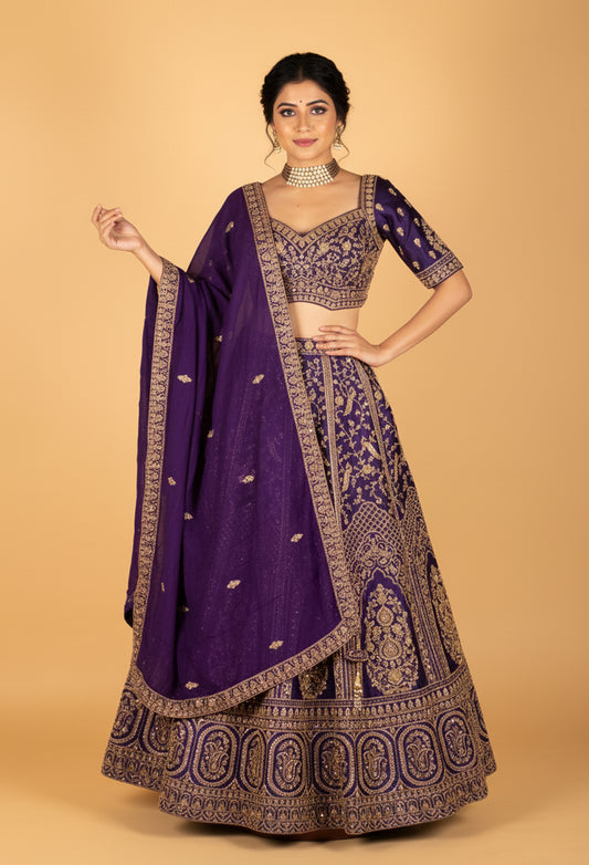 Royal Purple Zari & Thread Embroidered Lehenga with Short-Sleeve Crop Top & Elegant Dupatta