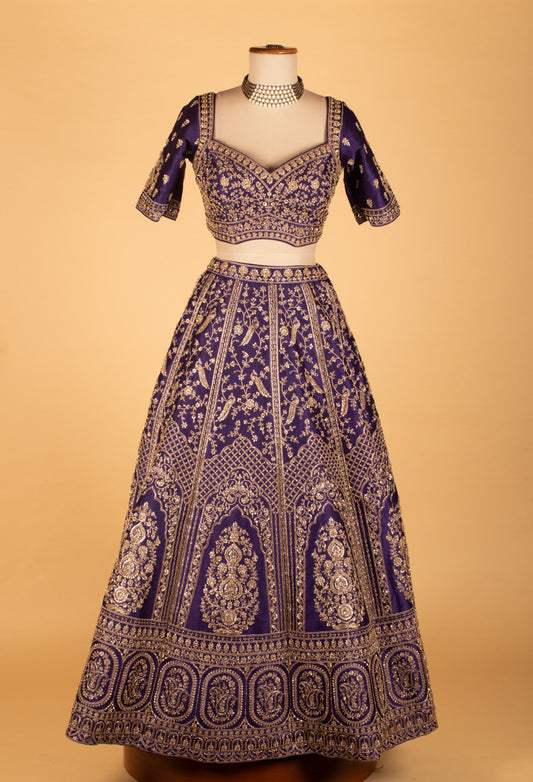 Royal purple zari and thread embroidered lehenga with short-sleeve crop top – product image 2