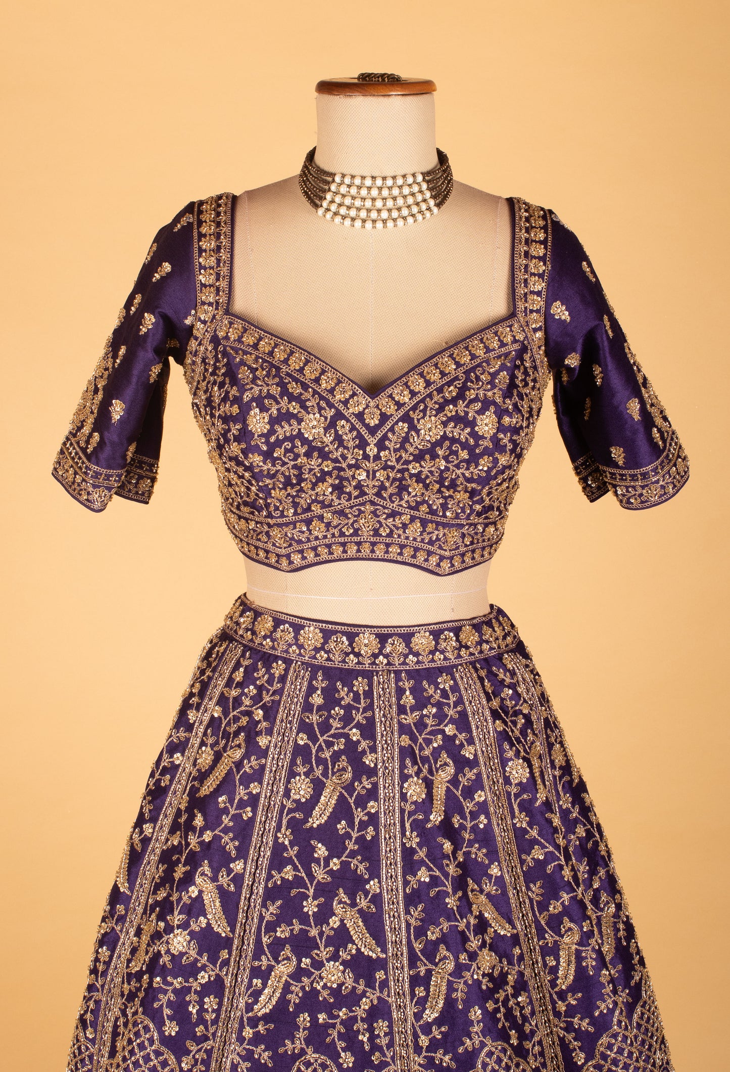 Royal Purple Zari & Thread Embroidered Lehenga with Short-Sleeve Crop Top & Elegant Dupatta