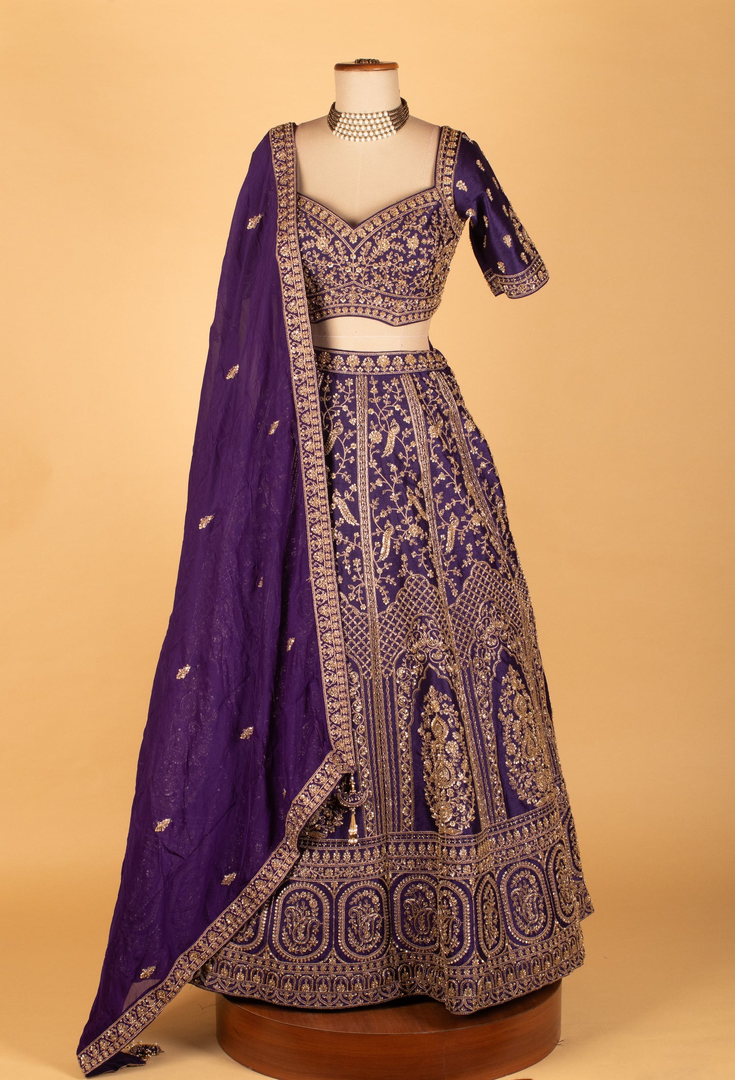 Royal Purple Zari & Thread Embroidered Lehenga with Short-Sleeve Crop Top & Elegant Dupatta