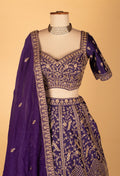 Royal Purple Zari & Thread Embroidered Lehenga with Short-Sleeve Crop Top & Elegant Dupatta