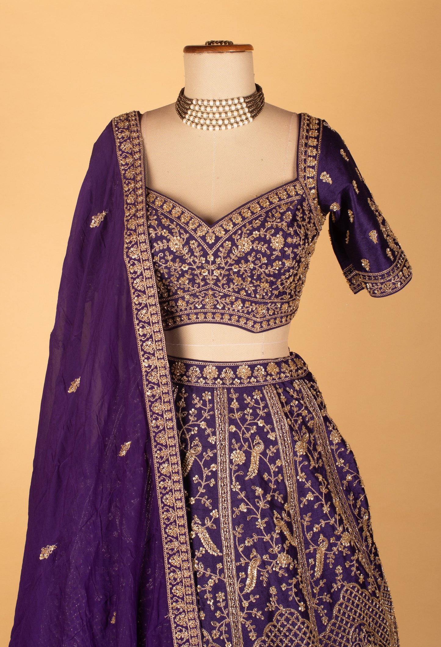 Royal Purple Zari & Thread Embroidered Lehenga with Short-Sleeve Crop Top & Elegant Dupatta