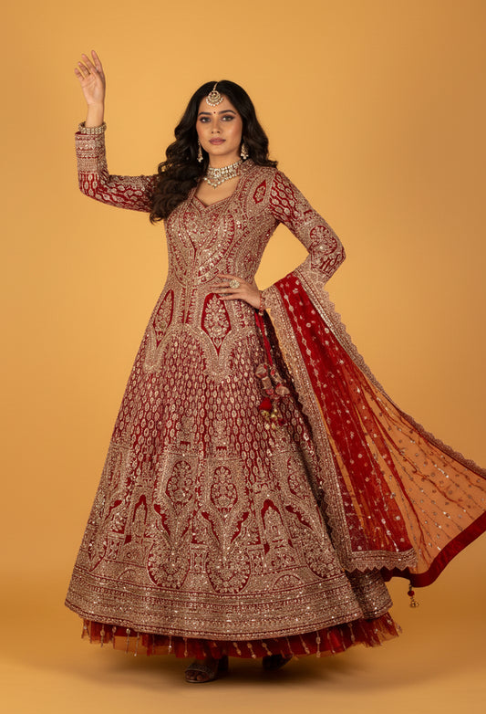 Maroon & Ivory Heavy Thread-Embroidered Bridal Lehenga with Full-Sleeve Blouse & Dual-Tone Dupatta