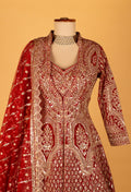 Maroon & Ivory Heavy Thread-Embroidered Bridal Lehenga with Full-Sleeve Blouse & Dual-Tone Dupatta