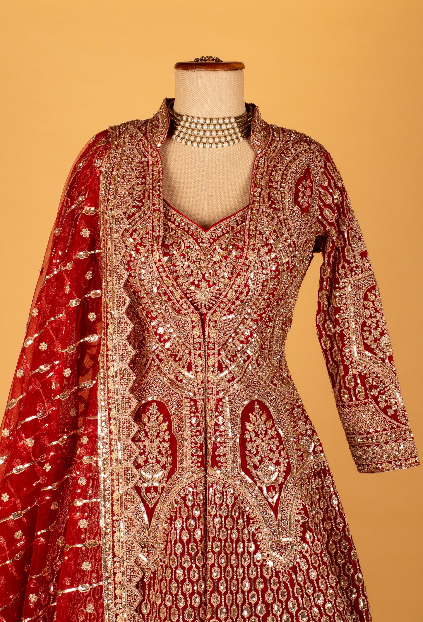 Maroon & Ivory Heavy Thread-Embroidered Bridal Lehenga with Full-Sleeve Blouse & Dual-Tone Dupatta