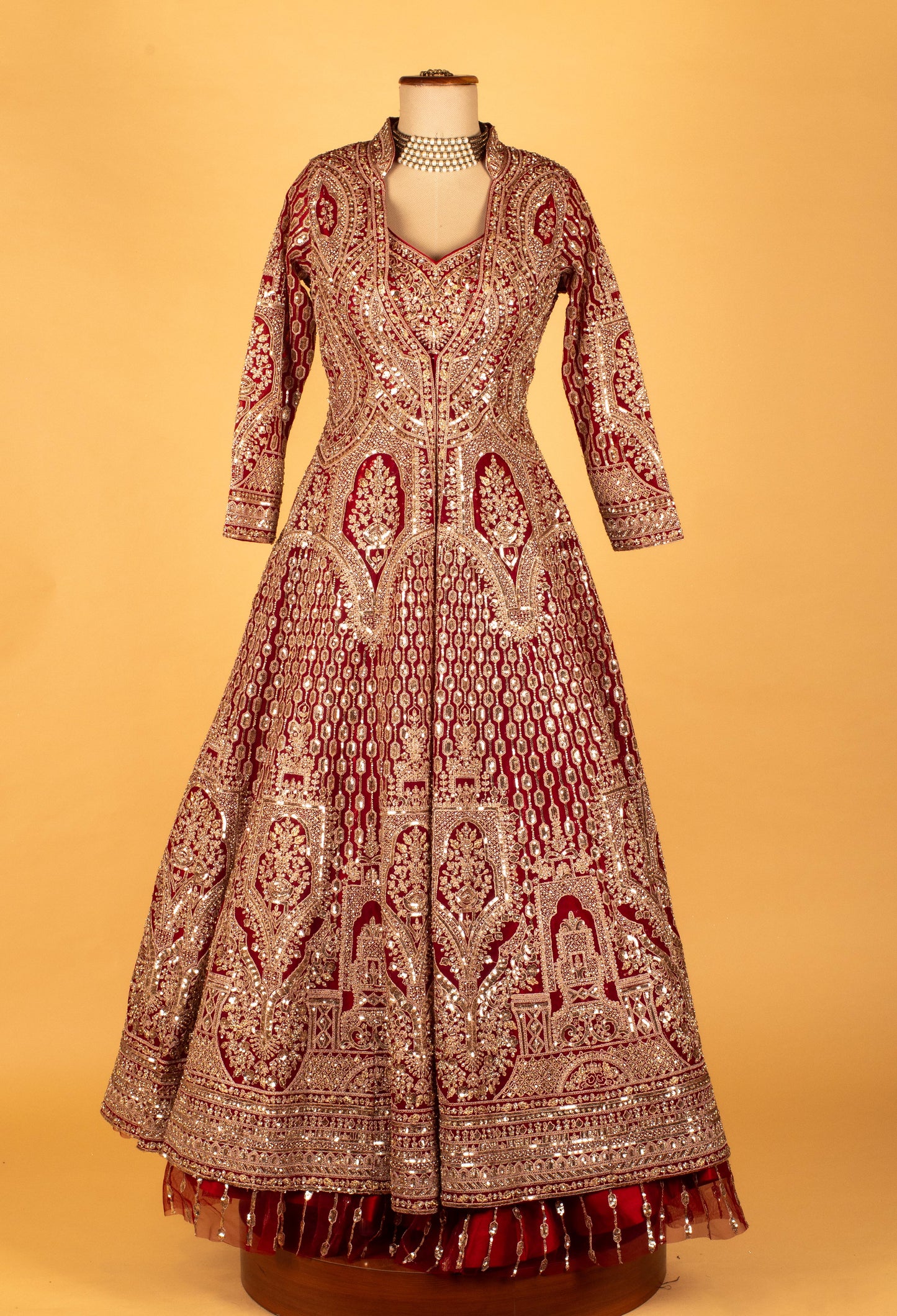 Maroon & Ivory Heavy Thread-Embroidered Bridal Lehenga with Full-Sleeve Blouse & Dual-Tone Dupatta