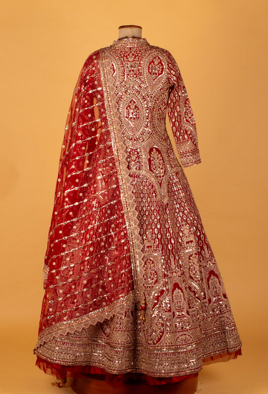 Maroon and ivory embroidered bridal lehenga with full-sleeve blouse – product image 2