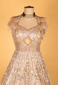 Champagne Gold Fully Hand-Embroidered Bridal Gown with Feathered Shoulders & Cut-Out Bodice