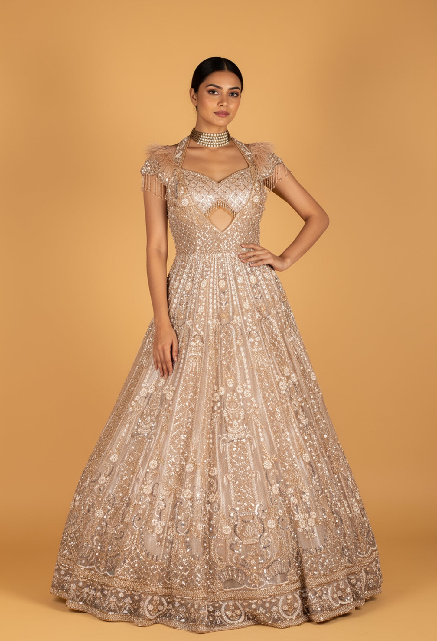 Champagne Gold Fully Hand-Embroidered Bridal Gown with Feathered Shoulders & Cut-Out Bodice