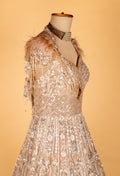 Champagne Gold Fully Hand-Embroidered Bridal Gown with Feathered Shoulders & Cut-Out Bodice