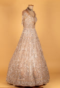 Champagne Gold Fully Hand-Embroidered Bridal Gown with Feathered Shoulders & Cut-Out Bodice