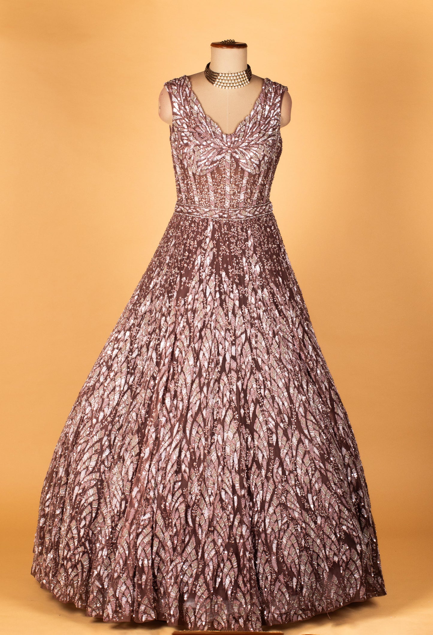 Rose Brown Sleeveless Shimmer Gown with Leaf-Pattern Sequins & Sculpted Bodice