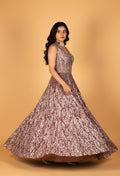 Rose Brown Sleeveless Shimmer Gown with Leaf-Pattern Sequins & Sculpted Bodice