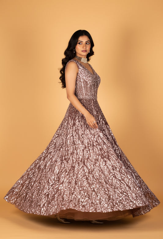 Rose Brown Sleeveless Shimmer Gown with Leaf-Pattern Sequins & Sculpted Bodice