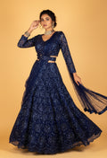 Navy Blue All-Over Sequin Embroidered Lehenga with Full-Sleeve Crop Top & Attached Drape Dupatta