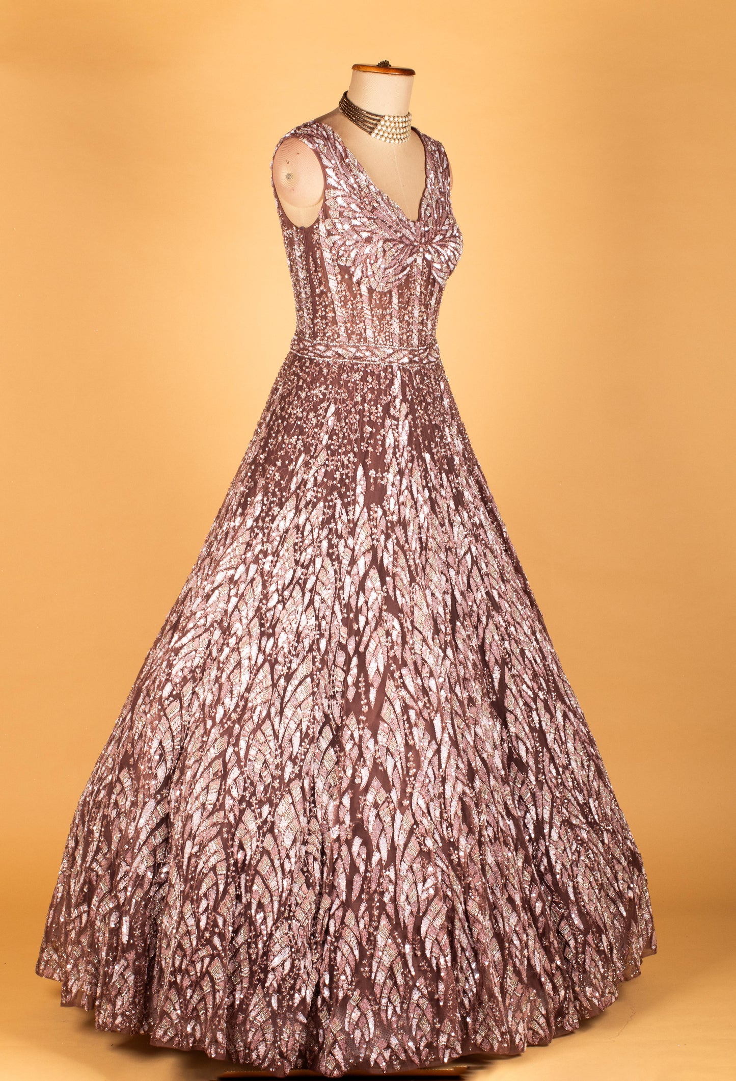Rose Brown Sleeveless Shimmer Gown with Leaf-Pattern Sequins & Sculpted Bodice