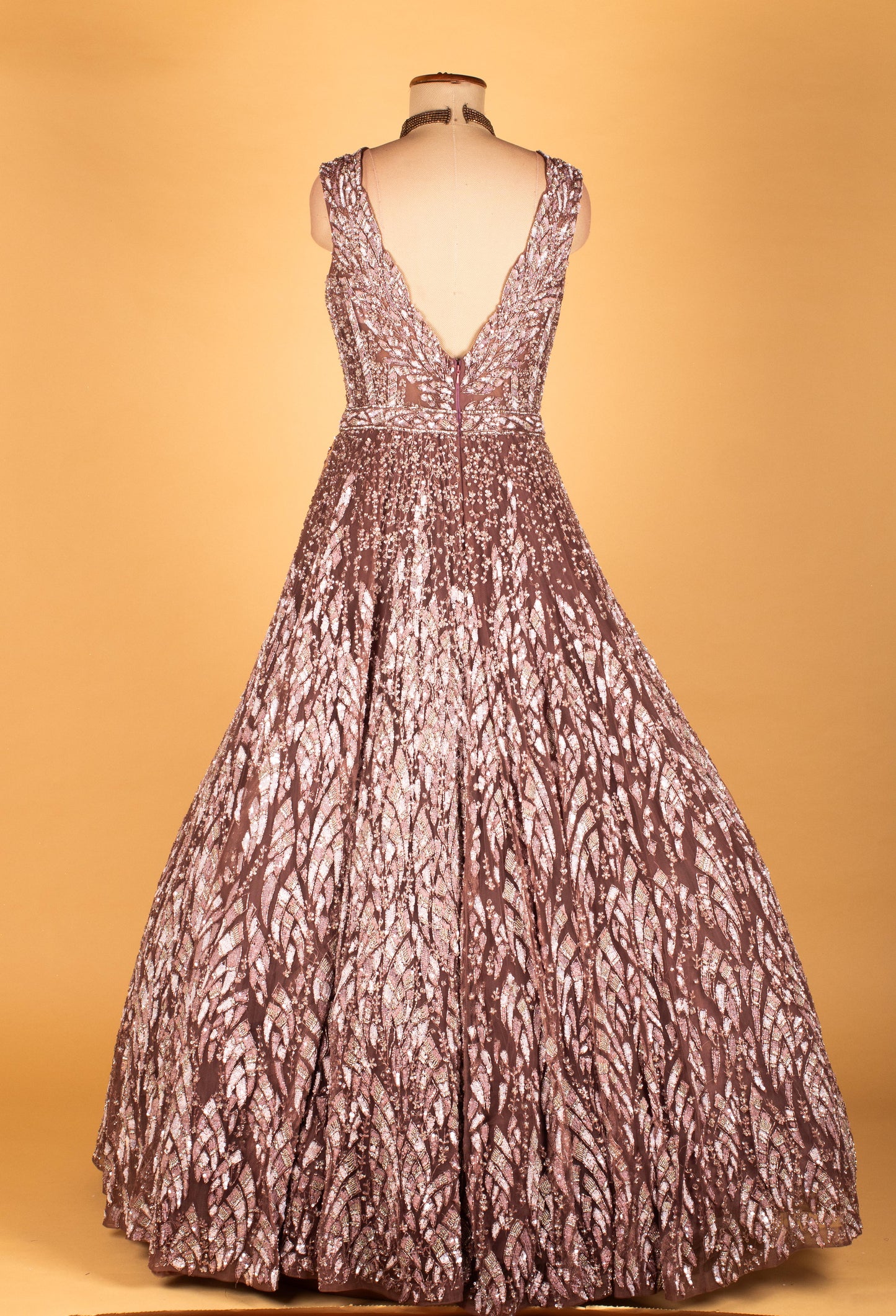 Rose Brown Sleeveless Shimmer Gown with Leaf-Pattern Sequins & Sculpted Bodice